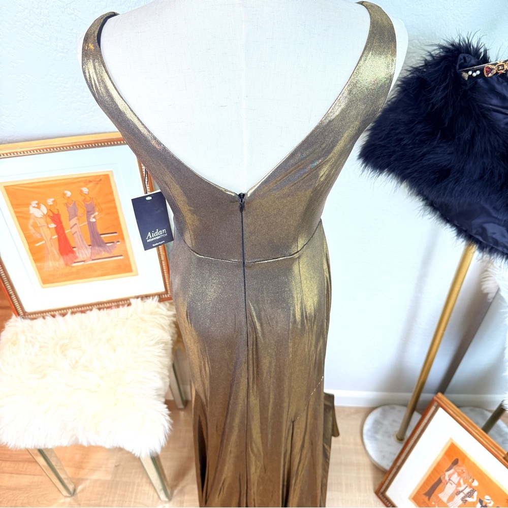 NWT Aidan Mattox Gold‎ Metallic Foiled V-Neck Evening Gown 2 Lame Glam Luxury - Picture 10 of 16